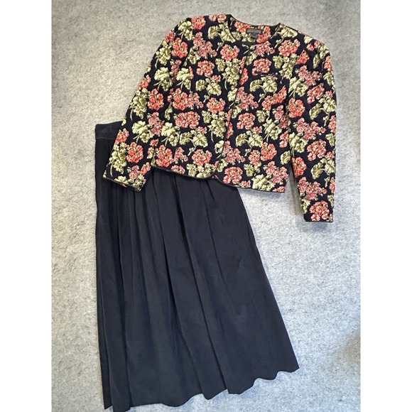 Herman Geist Navy Floral Skirt Set Quilted Jacket Midi Skirt Vintage Size 10 - Picture 3 of 16